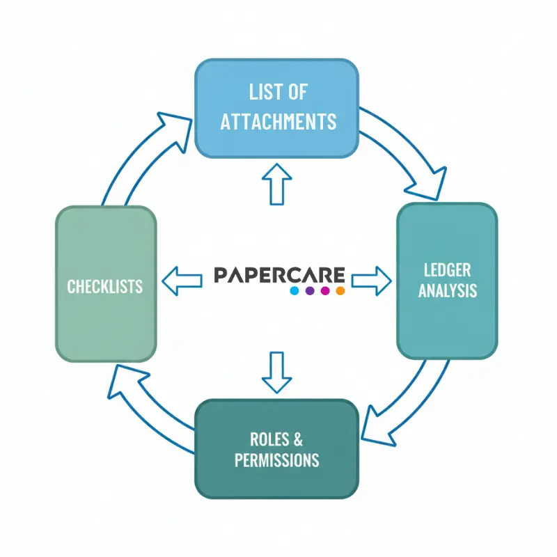 Papercare workflow diagram showing AI integration across accounting features.