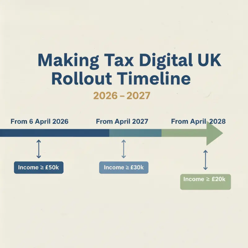 Timeline infographic showing Making Tax Digital rollout schedule from 2026 to 2027 with income thresholds for UK taxpayers.