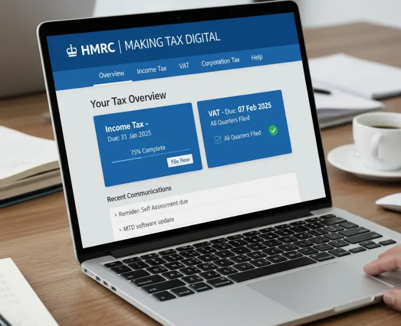 Illustration of a laptop uploading digital tax data to HMRC cloud, representing Making Tax Digital 2026 for UK accountants.