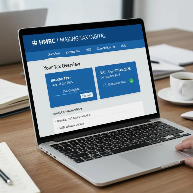 Illustration of a laptop uploading digital tax data to HMRC cloud, representing Making Tax Digital 2026 for UK accountants.