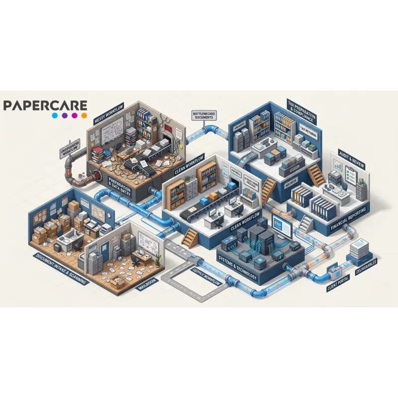 isometric accounting workflow ecosystem showing efficiency issues