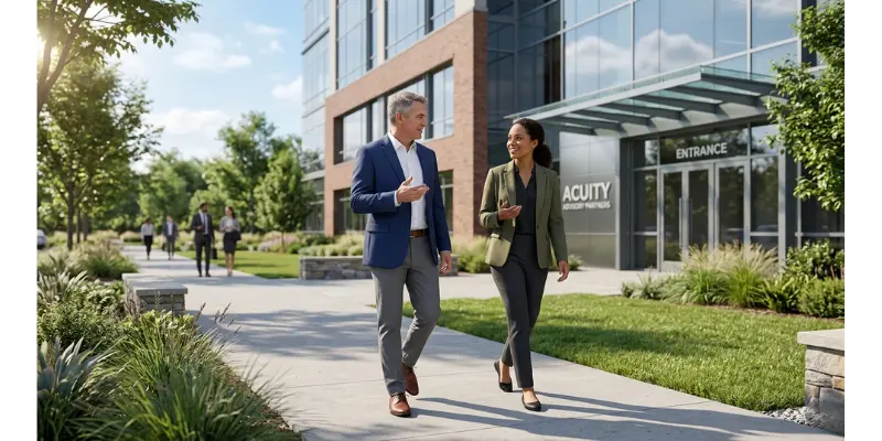 accountant and client discussing business while walking