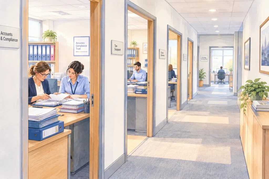 A long office corridor with doorways receding, nearest rooms busy with paperwork, furthest rooms quieter and lighter.