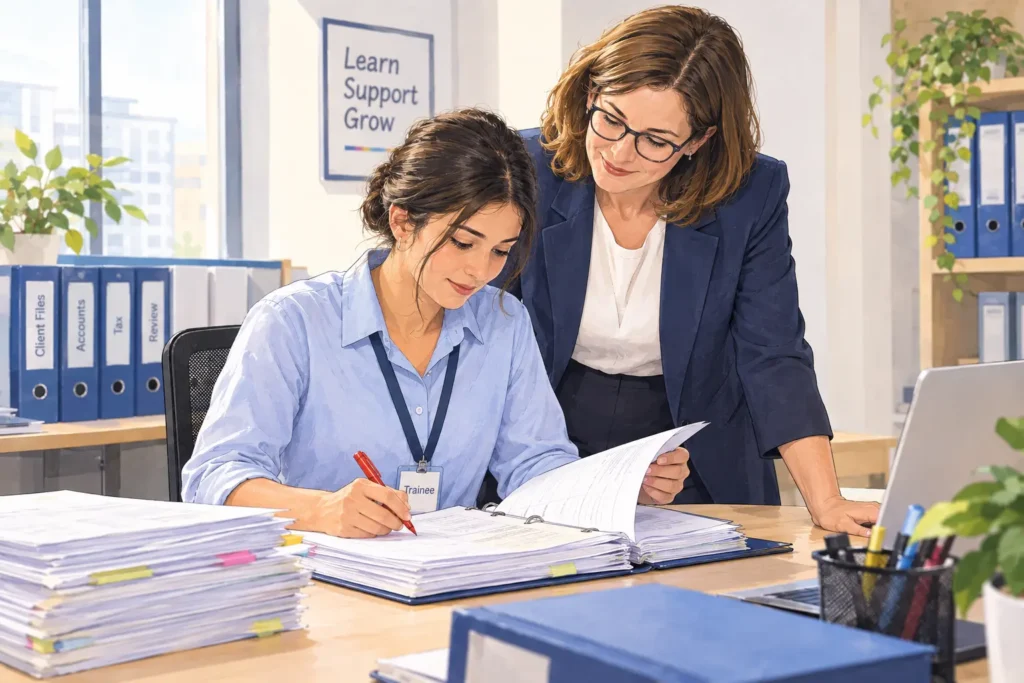 A trainee reviewing a stack of already-prepared pages, red pen in hand, a senior looking over their shoulder approvingly.