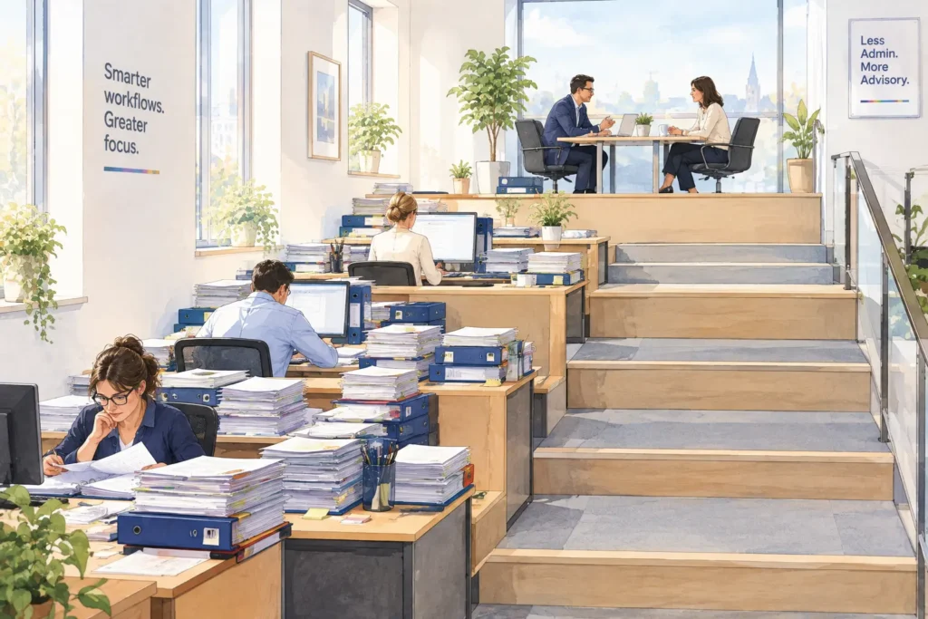 A staircase of desks at different heights, lower desks piled with repetitive paperwork, upper desks nearly clear with two people talking.