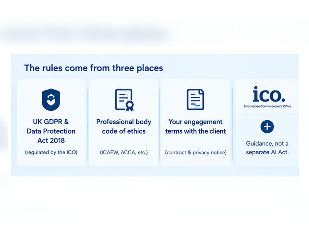 Rules on AI for UK accountancy practices: UK GDPR and Data Protection Act 2018, professional body ethics codes and client engagement terms