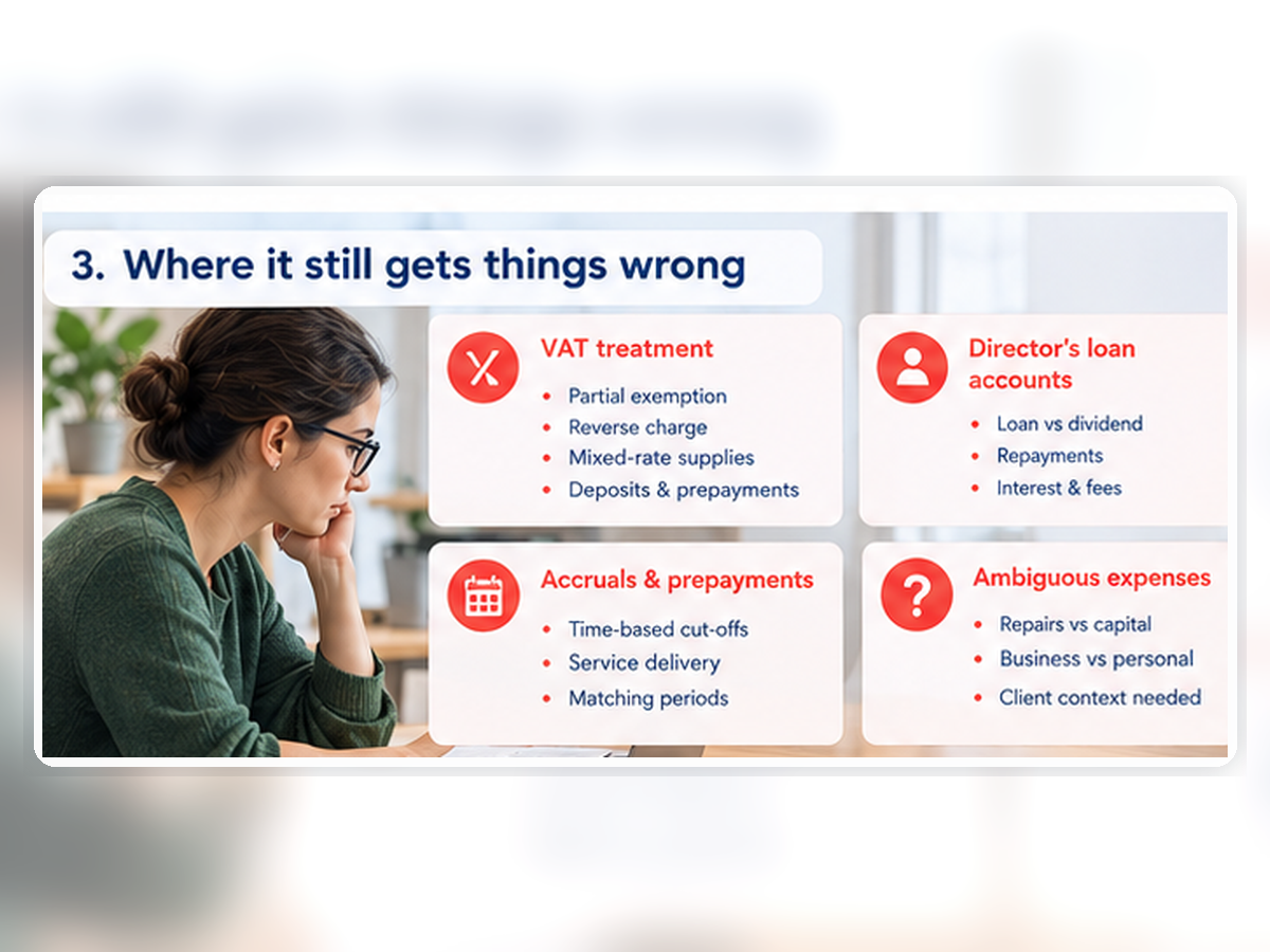 Where AI bookkeeping still gets things wrong: VAT edge cases, director's loan accounts, accruals and client errors